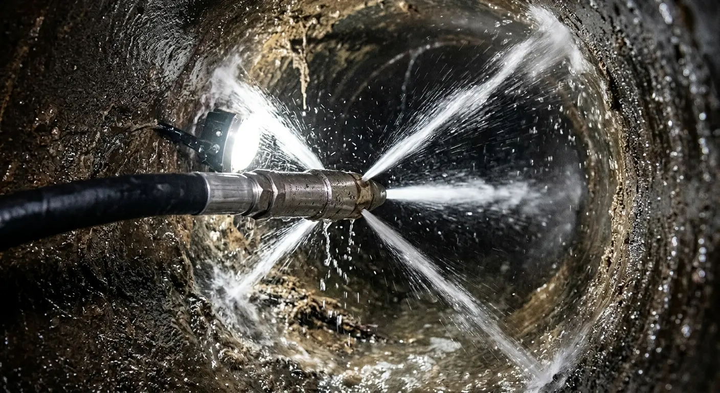 High-pressure hydro jetting nozzle cleaning sewer pipe for Trenchless Sewer Repair in Stansbury Park