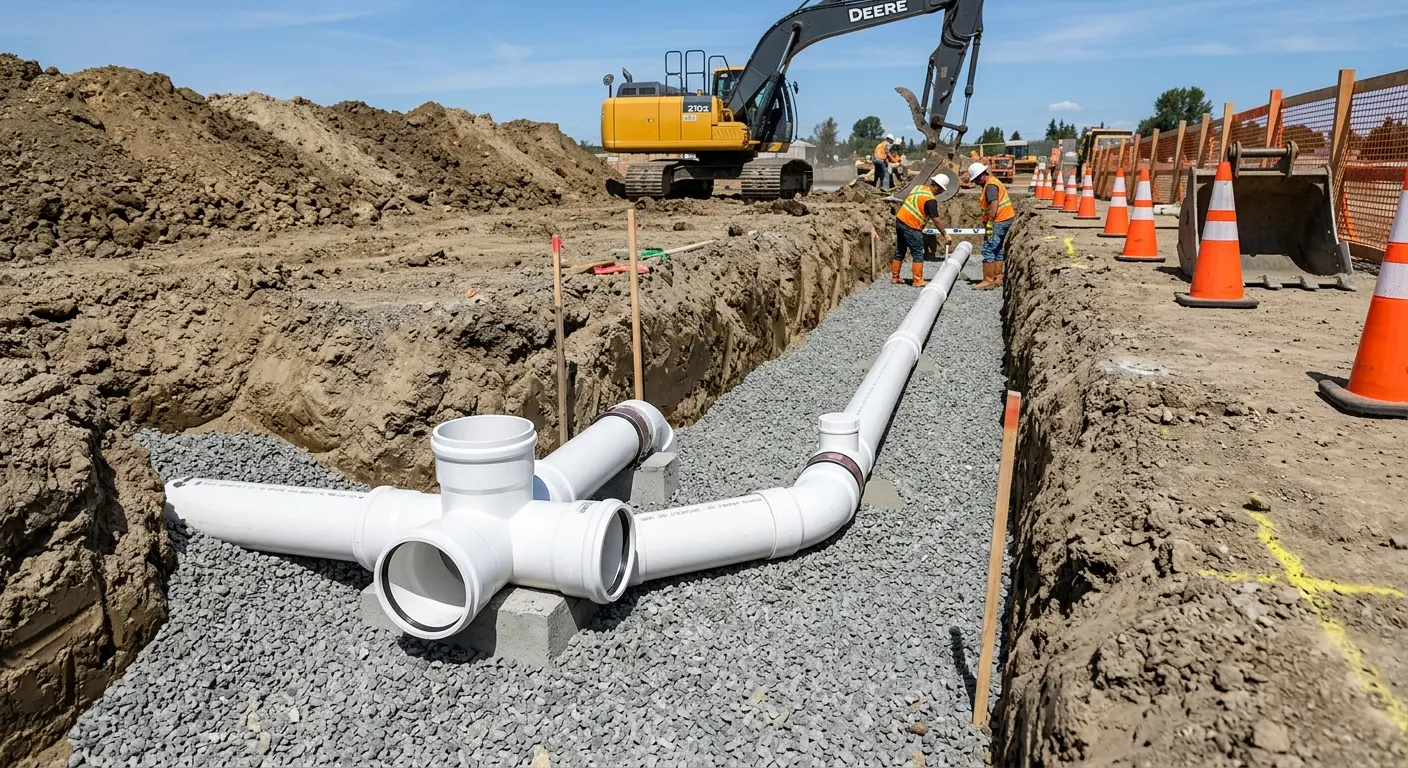 New PVC sewer pipe installation in open trench for Sewer Backup in Stansbury Park