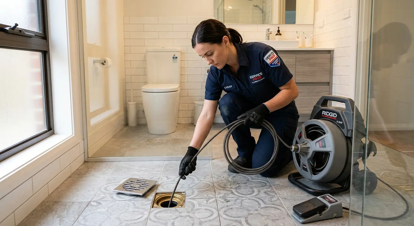 Technician clearing a bathroom floor drain for Drain Cleaning in Stansbury Park